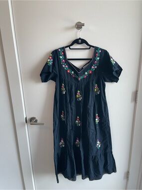 Pink City Prints Navy  Floral Embroidered V-Neck Women’s Dress